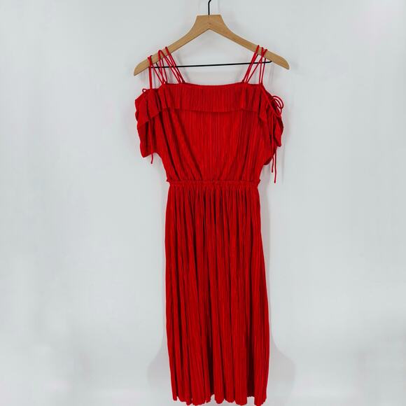 Express Red Pleated Cold Shoulder Midi Dress Ruffle Trim Spaghetti Strap Size XS - Picture 5 of 5